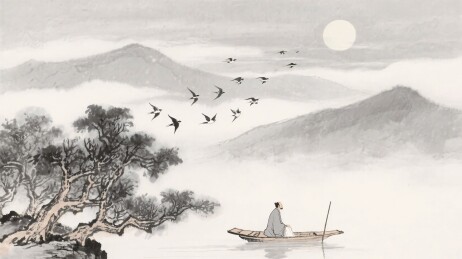 水墨山水间的独舟旅人