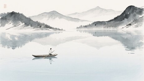 山水间独舟垂钓图景