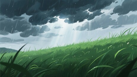 雨中草地插画风景