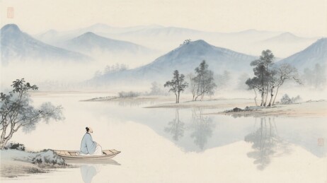 山水间独舟垂钓之人