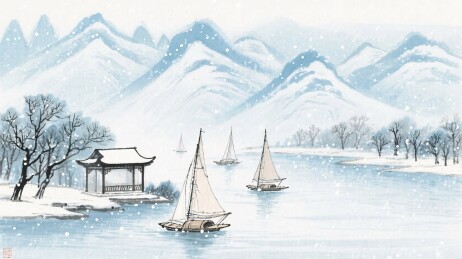 冬日江景山水插画