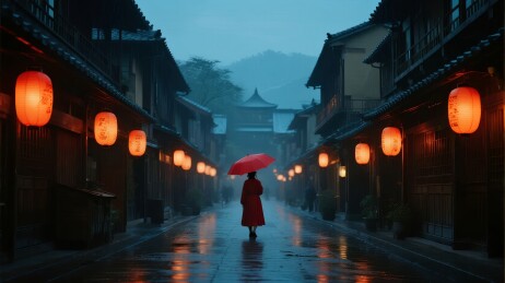 雨夜古街，红伞行人