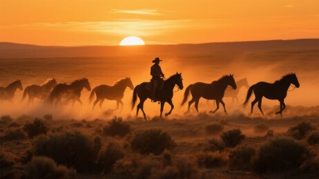 夕阳下骑手与马群奔腾