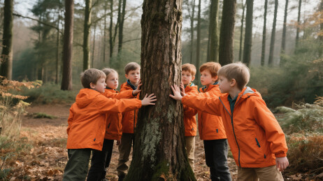 树林里几个穿橙色外套的孩子围着大树研学