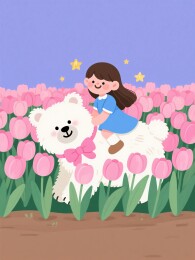 女孩骑着白狗漫步花海