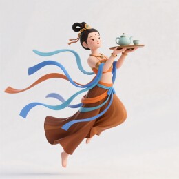 仕女托盘端茶轻盈飘动