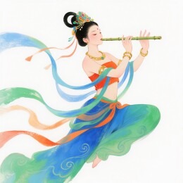 女子吹笛彩带飘逸轻盈