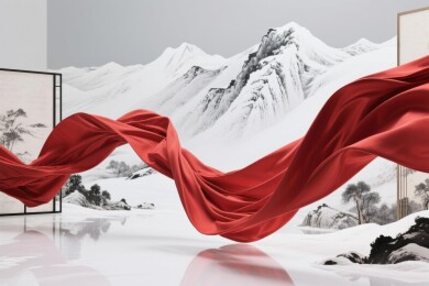 红绸山水意境展示场景