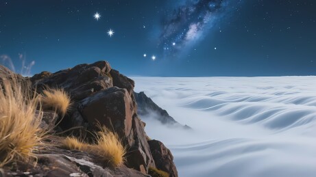星空下的山岩与云海
