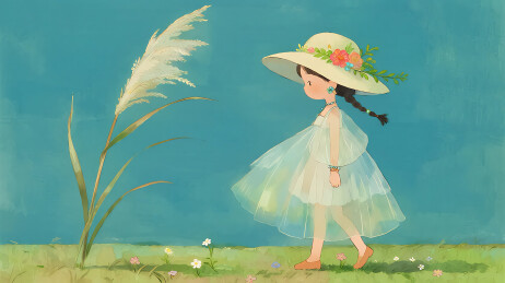小女孩和芦苇插画