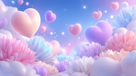 梦幻粉彩爱心云朵花海