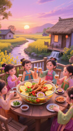 一群少女品茗赏景夕阳下