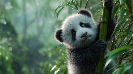 熊猫幼崽手持竹子萌态可掬