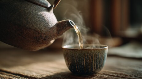 茶壶倾注热茶入杯