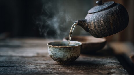 茶壶倾倒热茶入杯