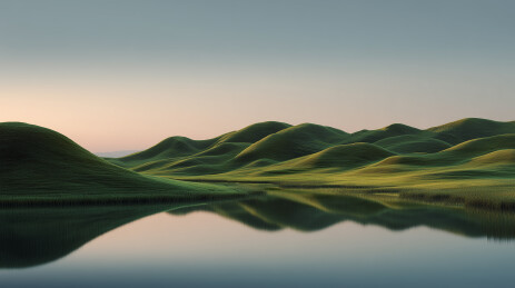 粉绿山丘日落水影  