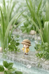 小人偶在绿意盎然的雨中探险