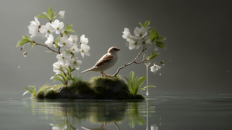 鸟栖花枝绿水涟漪