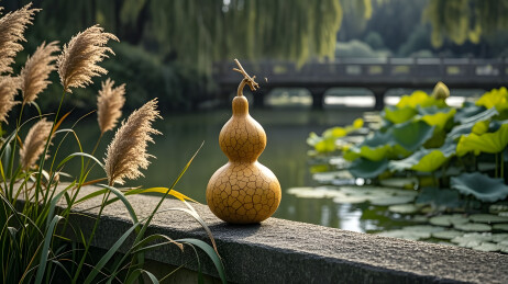 湖边葫芦艺术摆件与自然景观图