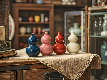 多色葫芦摆件麻布木桌组合图