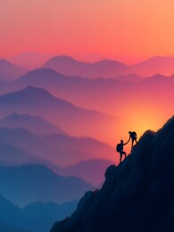 日出山峰间的互助攀登