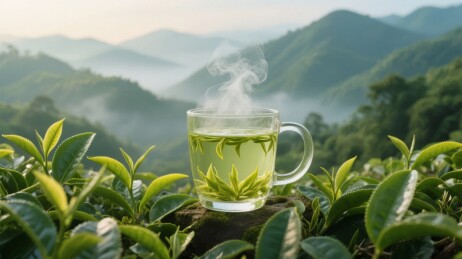 山间茶香：热茶与绿叶的和谐景象