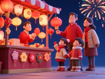 灯笼摊位一家人购买食品