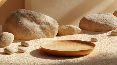 禅意沙石与木盘的静谧场景