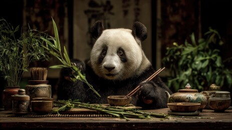 熊猫品茶竹林相伴