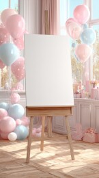 画架置于装饰气球的室内场景