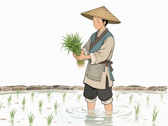 农人田间种植稻秧情景
