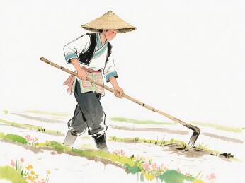 戴斗笠农夫田间劳作