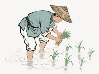 农夫水田插秧劳作景象