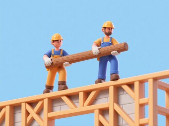 工人抬木梁在建造房屋