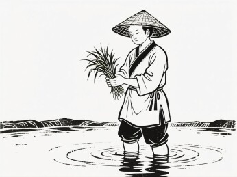 水田农夫躬身插秧劳作