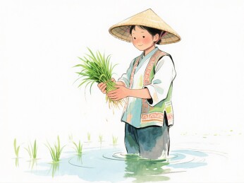 农人水田插秧劳作景象