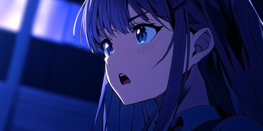 蓝发少女震惊表情特写