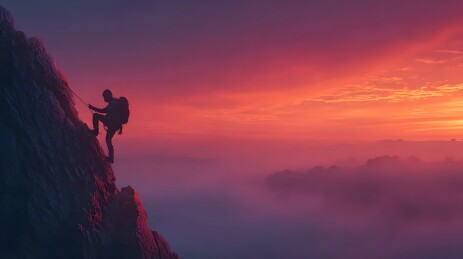 攀岩者日出悬崖攀登