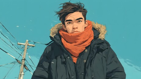 冬日寒风中的少年