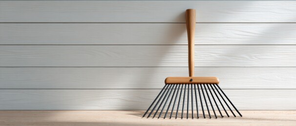 木柄金属耙子靠在浅色木墙前