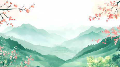 水彩淡雅山谷櫻花圖