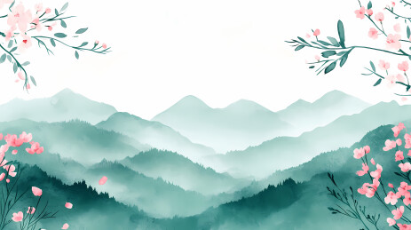 水彩淡雅山谷櫻花圖