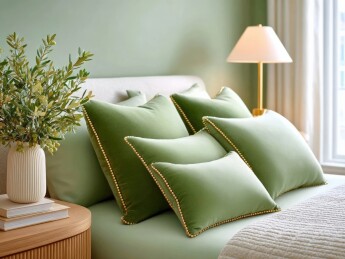 绿色卧室床头靠枕与装饰