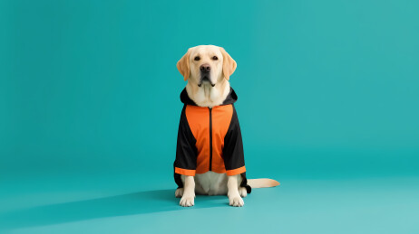 穿着背心的金毛犬