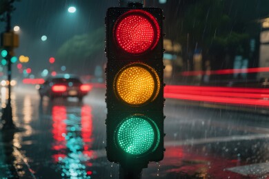 雨夜中的交通信号灯，红黄绿三色同时亮起