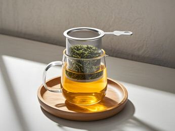 木托盘上装黄色茶水的玻璃茶壶