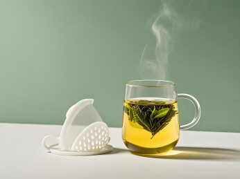白色台面上装带绿叶茶水的玻璃茶壶