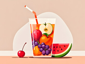 插画中盛混合水果饮品的带吸管杯子