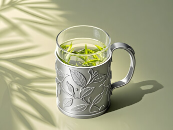 浅绿背景前盛带绿叶茶水的带树叶图案杯子