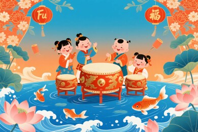 儿童欢庆敲鼓的节日场景
